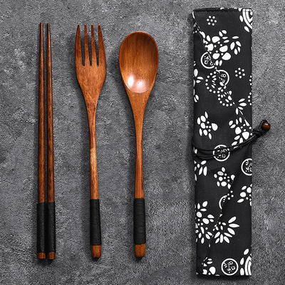 Manufactor Direct selling solid wood chopsticks Fork spoon suit Wrapped wire Wooden spoon Mucha portable Dessert woodiness a soup spoon Three