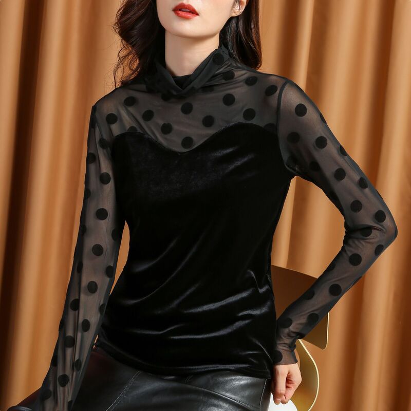 【365-Day Return and Exchange Guarantee】Velvet Mesh Patchwork Base Shirt for Women, Long-Sleeved, Sexy Polka Dot Top, Trendy and Versatile 【365-Day Return and Exchange Guarantee】Velvet Mesh Patchwork Base Shirt for Women, Long-Sleeved, Sexy Polka Dot Top, Trendy and Versatile