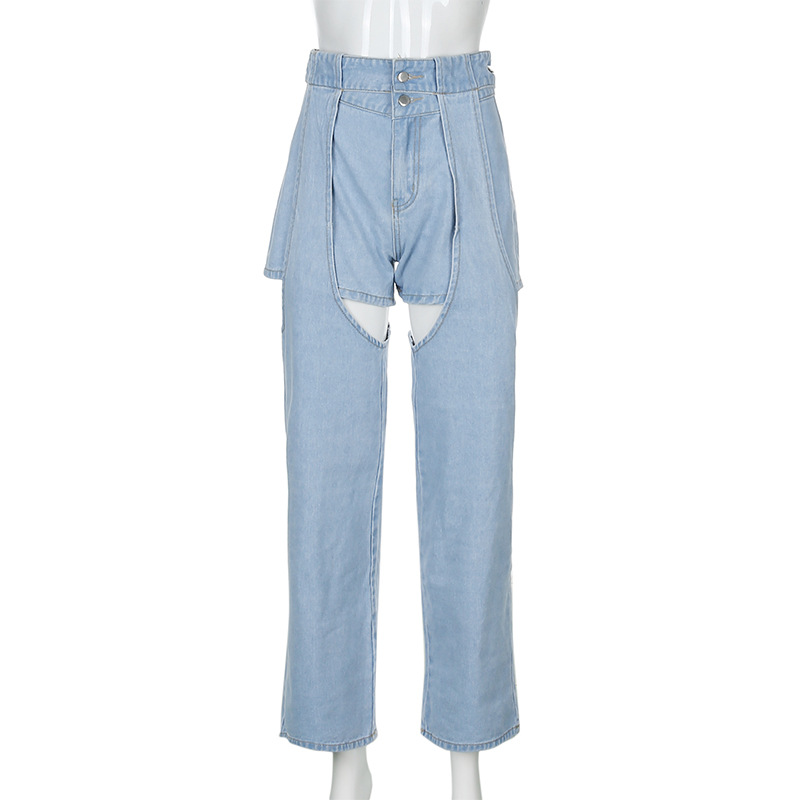 2020 Summer new arrival fashion detachable design high waist hollow jeans for women vintage style Casual pants loose trousers