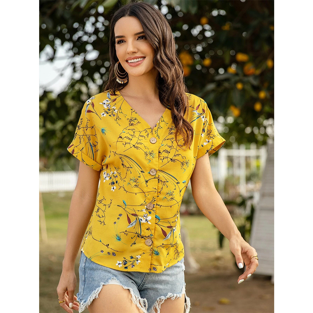 printing all-match chiffon short-sleeved V-neck shirt  NSSA39971