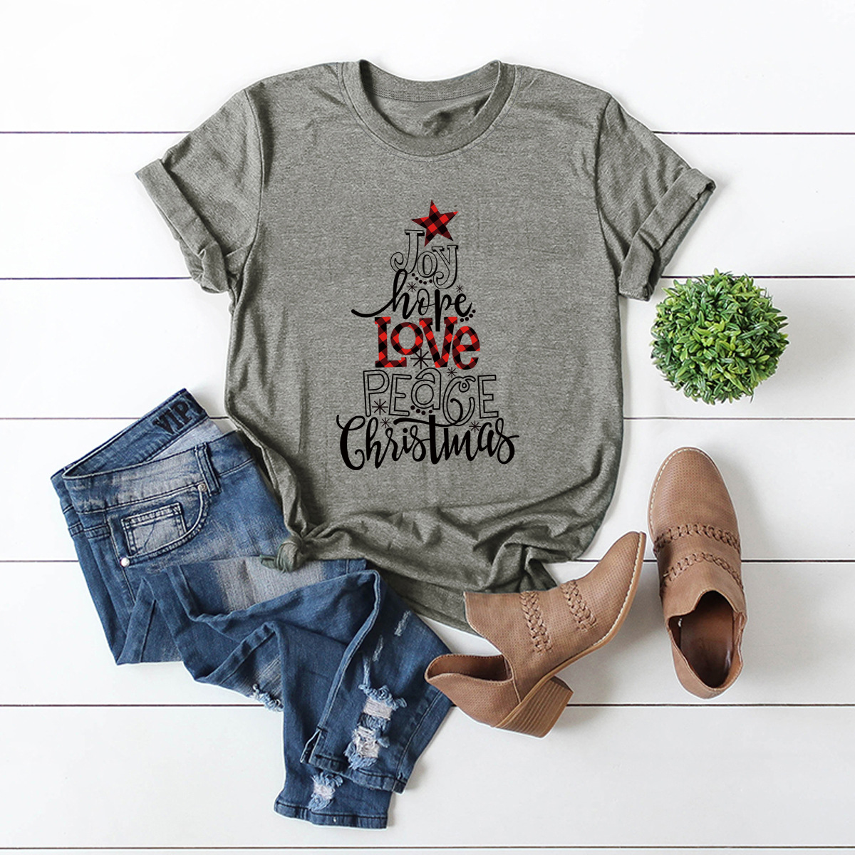 camiseta de manga corta para mujer árbol de regalo Feliz Navidad NSSN4167