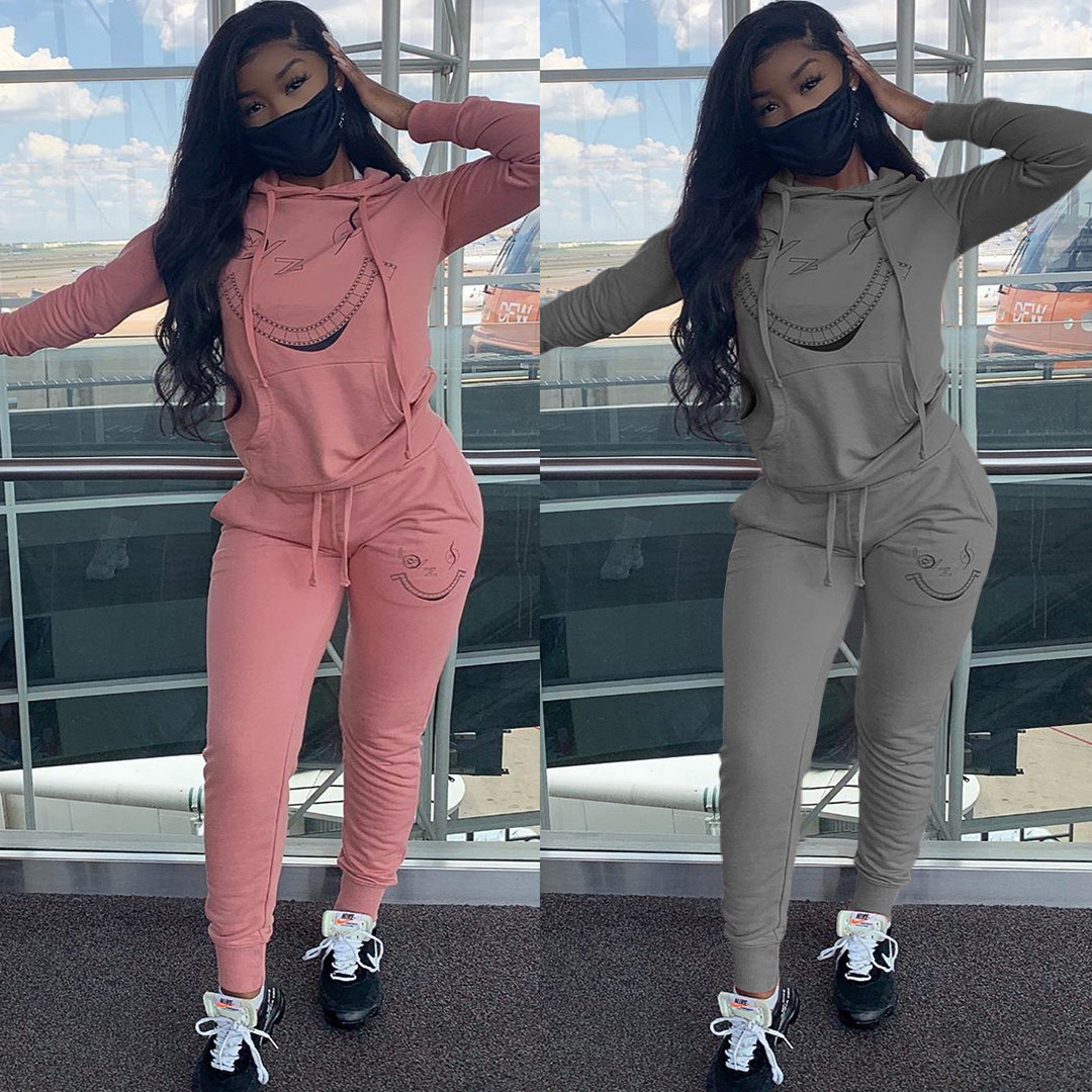 2020 autumn and winter new products Europe and the United States leisure suit Amazon hot selling fashion women's solid color cotton hoodie two-piece set