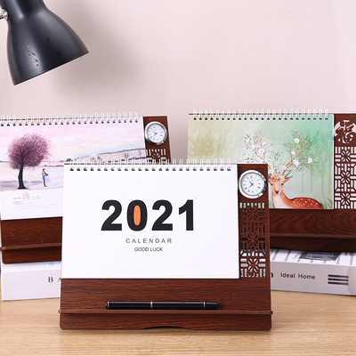 Manufactor 2021 Year of the Ox new pattern originality woodiness Monthly calendar Table calendar customized Customized printing enterprise logo Get free samples