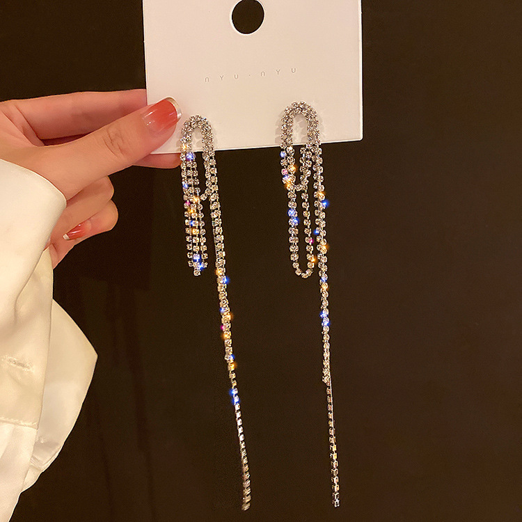 Fashion Alloy Diamond-studded Geometric Earrings Long Tassel Flower Earrings display picture 3