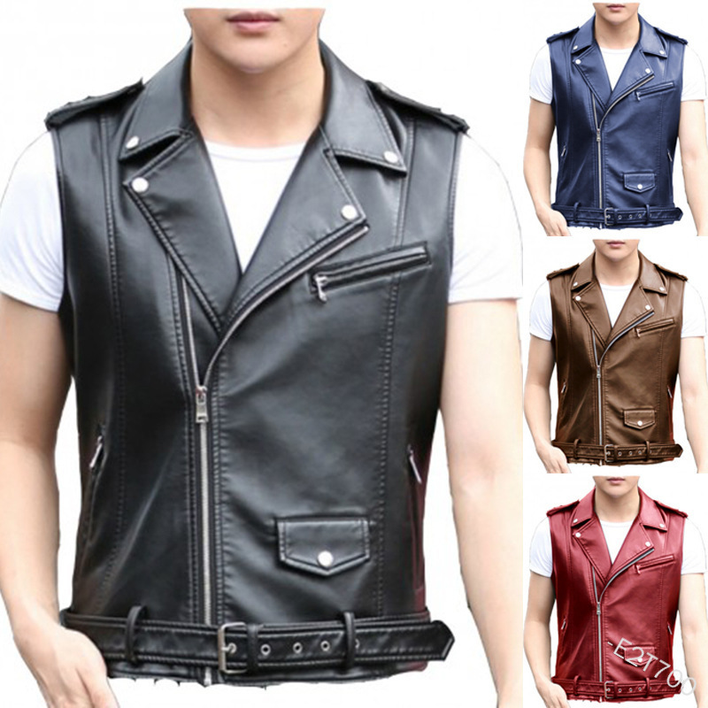 2022 European and American New Short Slim-fit Punk Motorcycle Leather Vest Slant Zipper Puleather Leather Vest E2T700