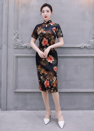 Chinese Dresses Qipao for women robe chinoise cheongsam Cheongsam women&apos;s country retro large dress length