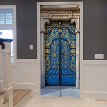 巨创跨境货源PVC贴纸3D个性自粘门贴 现代墙面装饰蓝色铁门