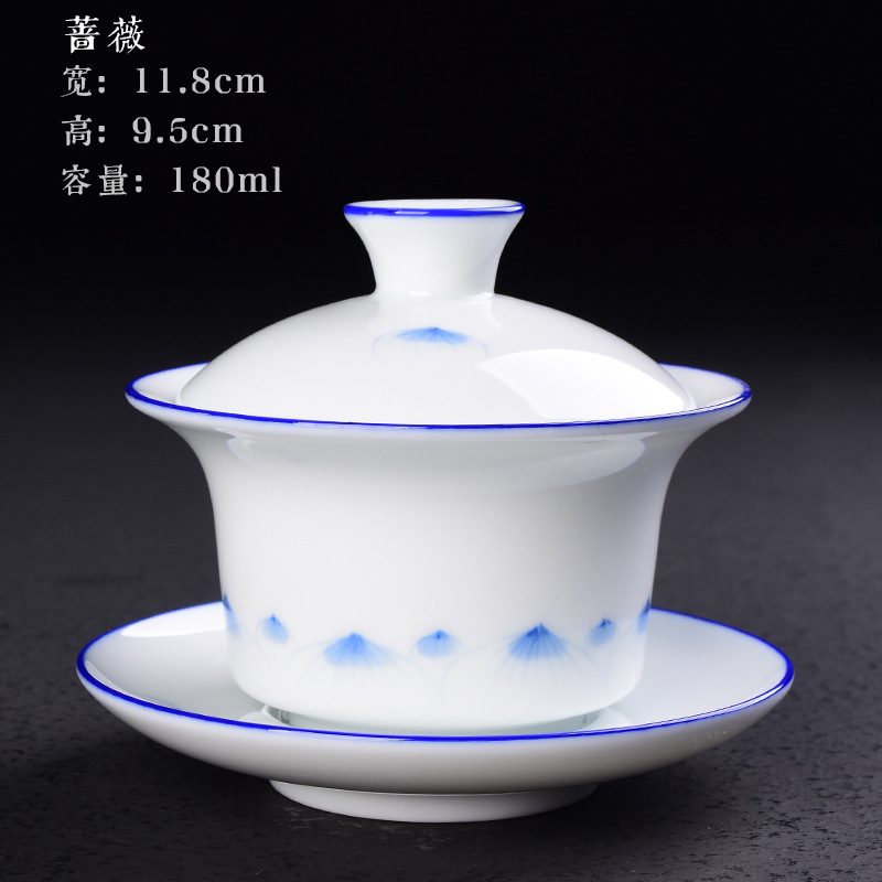 Cubierta pintada a mano Tazón Taza de té de cerámica juego de té de Kung Fu hogar tamaño pequeño Tazón de té Taza blanca tostada de porcelana Taza de té de tres piezas cubierta Tazón
