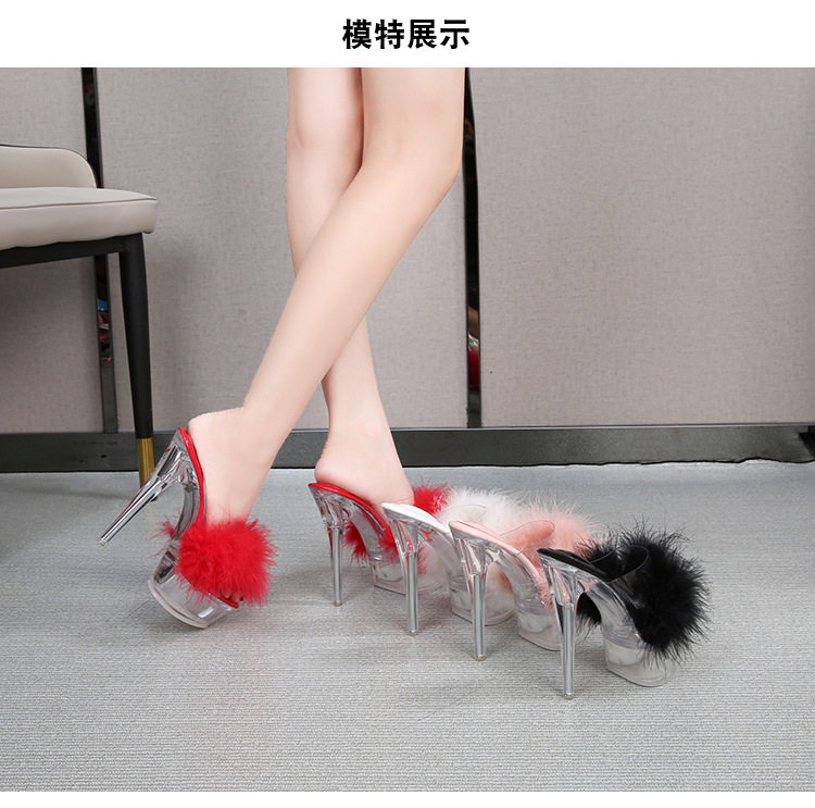 Dép sandal nữ gót nhọn siêu cao phối lông, quai trong suốt pha lê, mũi hở — Màu hồng, Màu trắng, Màu đen, Màu đỏ chi tiết 9