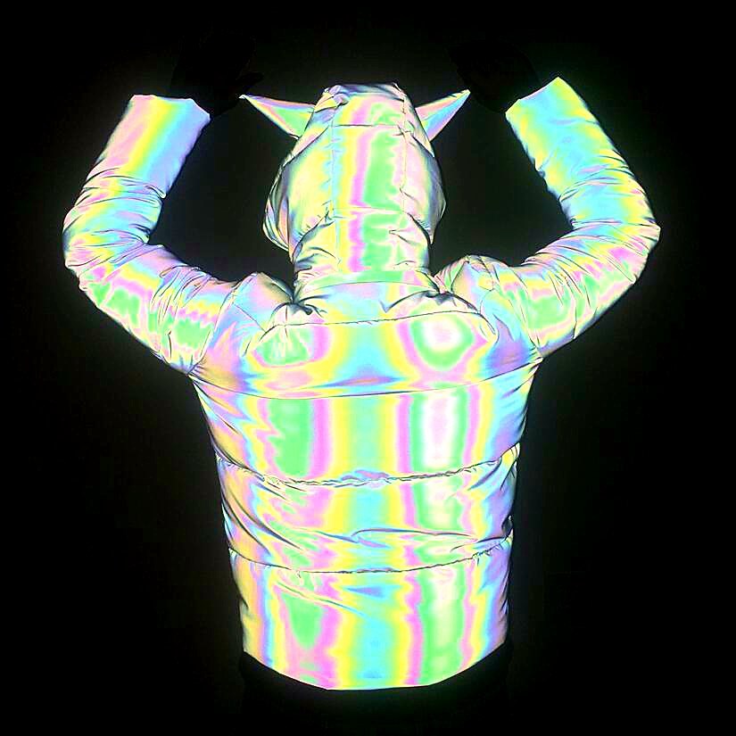 Herrenbekleidung, modischer, farbenfroher, reflektierender Baumwollmantel für Frauen, süßer, dreidimensionaler Tierhorn-Regenbogenfarben-Leuchtbaumwollmantel_voghion.com