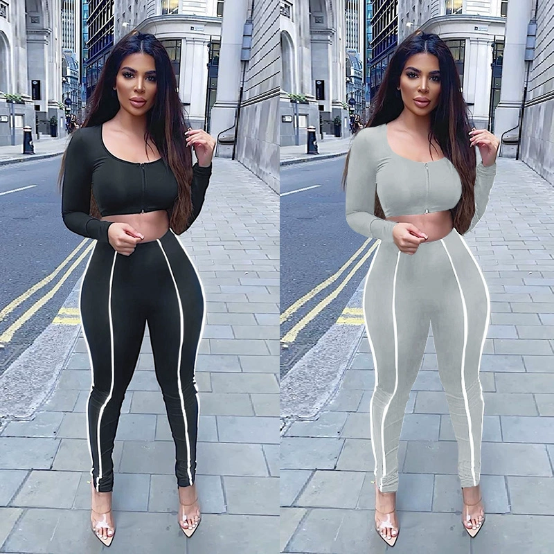 G8012 2021 трансграничный Новый женский однотонный сшитый модный спортивный костюм из двух частей с длинным рукавом