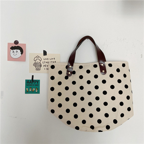 0542 ins French retro polka dot canvas bag lunch box portable bucket bag for women