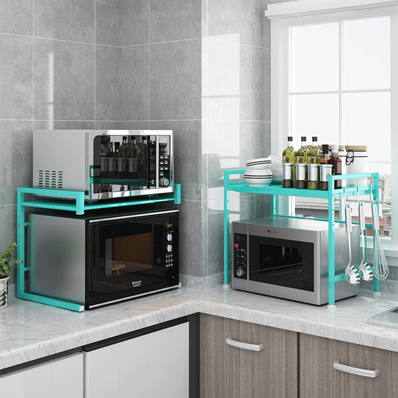 厨房置物架伸缩可调节微波炉架电饭煲烤箱收纳架双层落地简约粉色
