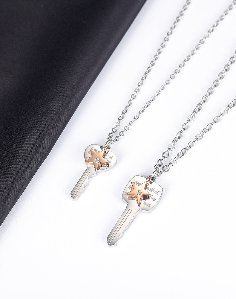 Korean  New Key Diamond Titanium Steel Necklace Classic Stainless Steel Couple  Pendant Clavicle Chain Wholesale display picture 6