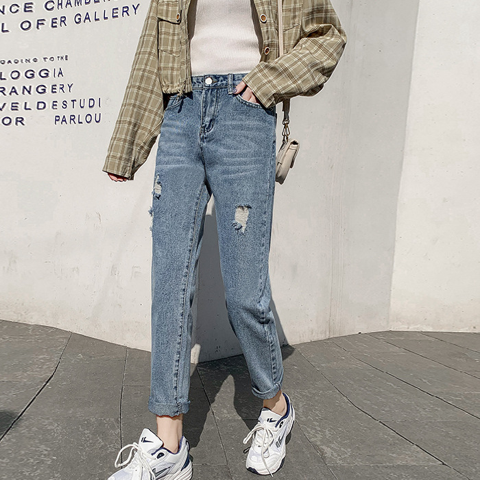 2020年春款春九分牛仔褲女高腰顯瘦顯高直筒褲寬松