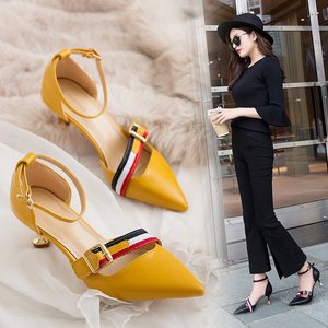 Women's middle heel shoes with color contrast one line buckle pointed side empty thin heel shoes