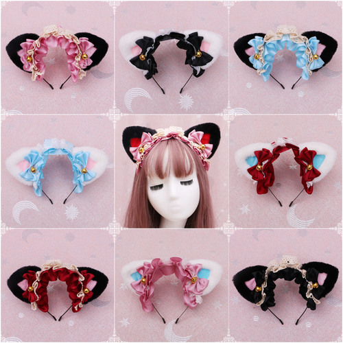 lovely Lolita hair accessories plush cat ear Lolita headdress bud ribbon Hairband
