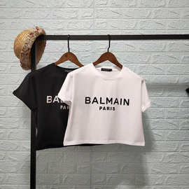 潮牌夏季新款balmain同款巴尔曼粗体植绒字母短款上衣棉质时尚T恤