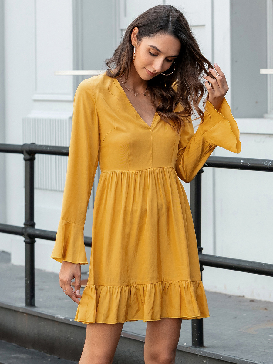  solid color V-neck fashion flared sleeve dress NSAL1976