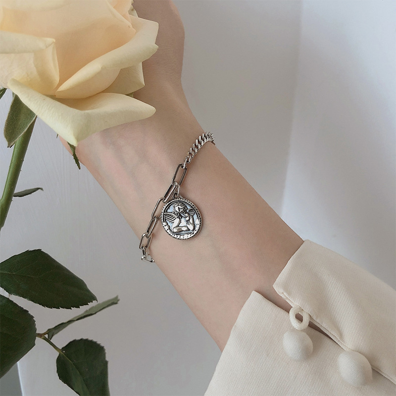 925 Sterling Silver Thai Silver Distinctive Angel Coin Vintage Bracelet Women's ins Niche Design Mori Simple Internet Trendy