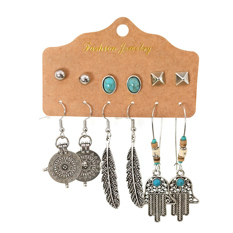 6 Sets Of Diamond Inlaid Turquoise Earrings Creativity Ins Fashion Women Earrings