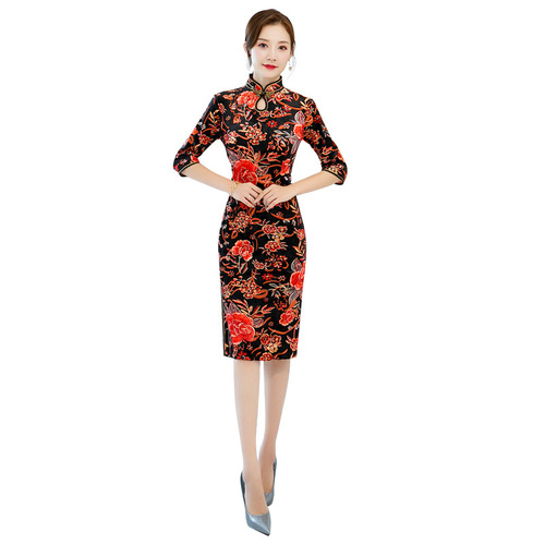 Chinese Dress Qipao for women Long sleeve rotten velvet cheongsam dress Republic of China cheongsam dress