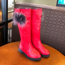 2020冬季跨境高筒加絨公主皮靴中大童毛毛球女童雪地靴保暖棉靴