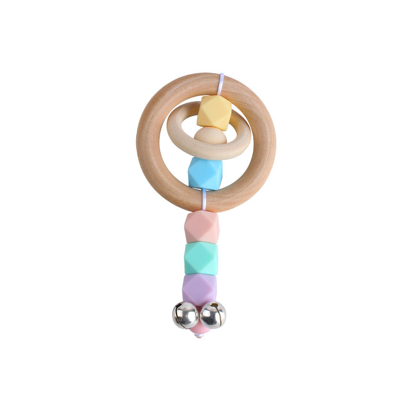 Nueva DIY dibujos animados Hemu anillo de madera mano palo sonajero juguete mordedor bebé silicona teether palo