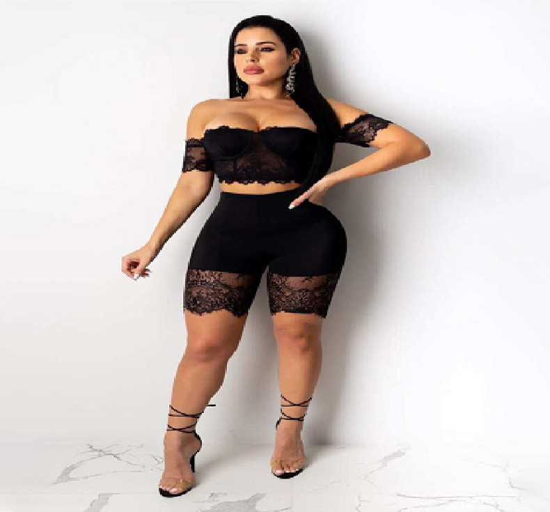 sexy perspective lace wrapped chest off-shoulder top and shorts Two-Piece Set nihaostyles wholesale clothing NSDMS88890