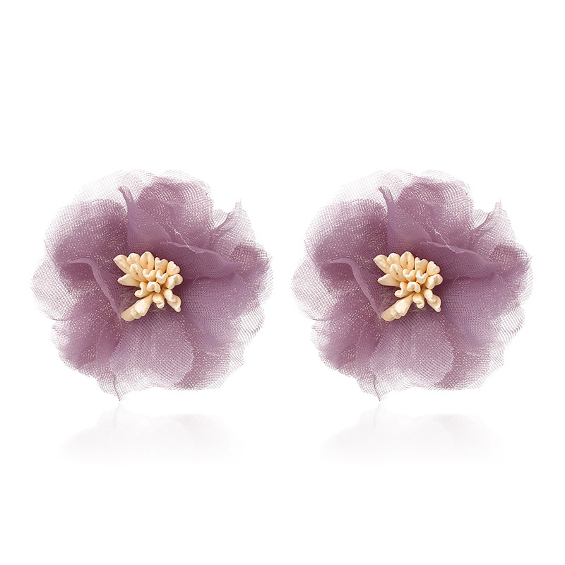 3g Weight Earrings Classification Housewarming, Anniversary, Business, Wedding, Travel, Birthday, Festival Occasion Chiffon Material Flower Pattern Women'S Gender Simple Style Style Purple, Green Color Korea Three-dimensional Mesh Chiffon Flower Retro Port Style Purple Earrings Wholesale 12