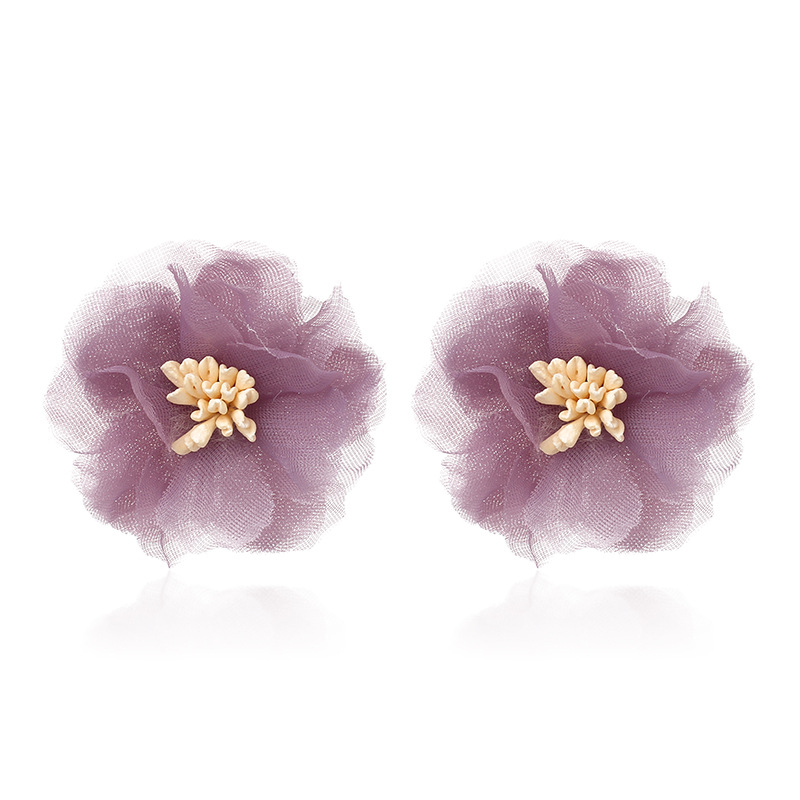 Korea Three-dimensional Mesh Chiffon Flower Retro Port Style Purple Earrings Wholesale display picture 3