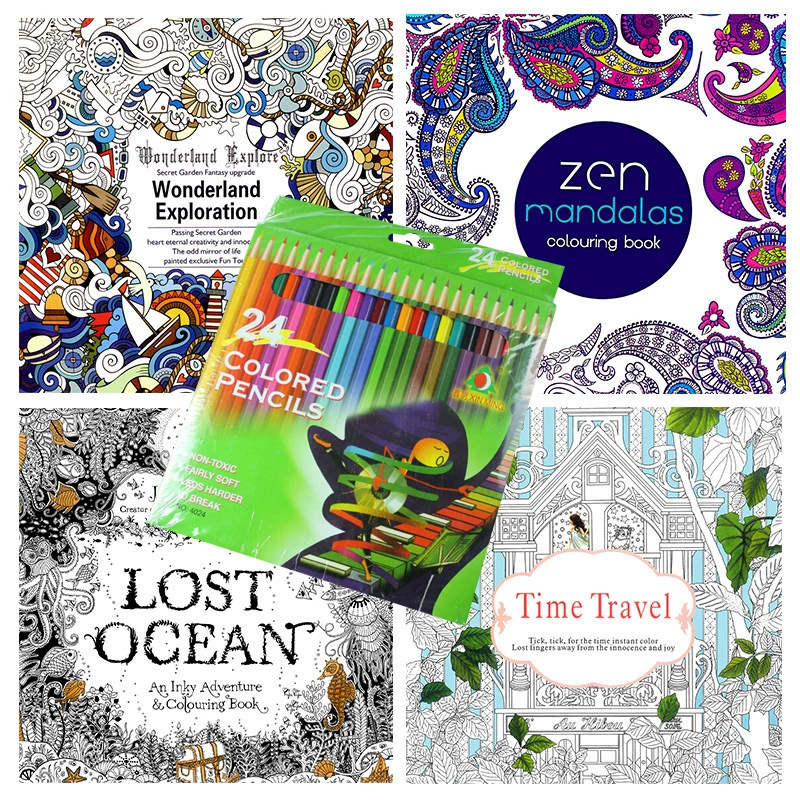 Coloring book set, anti‑stress illustrations, 18.5×18.5 cm, 24 pages, includes 12/24‑color lead options