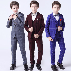 Children's  boy preteen singer host piano performance blue silver wine plaid dress suit  three-piece one set British style children's model show concert host performance clothing