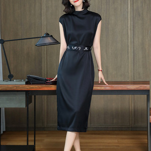 Silk dress women’s medium length thin black silk skirt