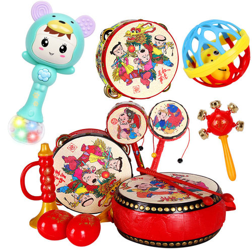 Baby Rattles Toy Set for 0-1 Year Old Hand-Crank Drum Classic Nostalgic Early Education and Intellectual Development Toy