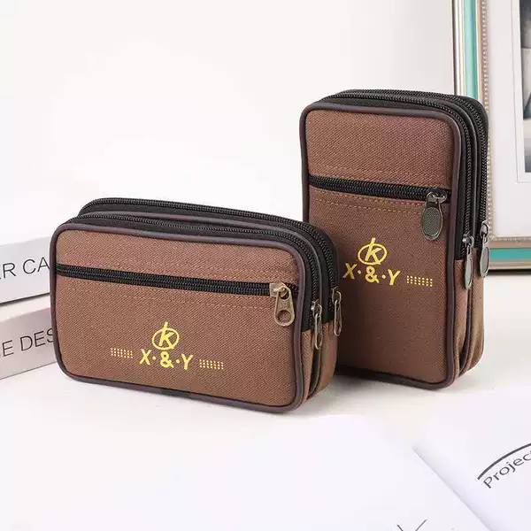 2021 new men's 6.8 inch canvas mobile phone waist bag horizontal and vertical 3 pull mobile phone waist bag belt mobile phone bag