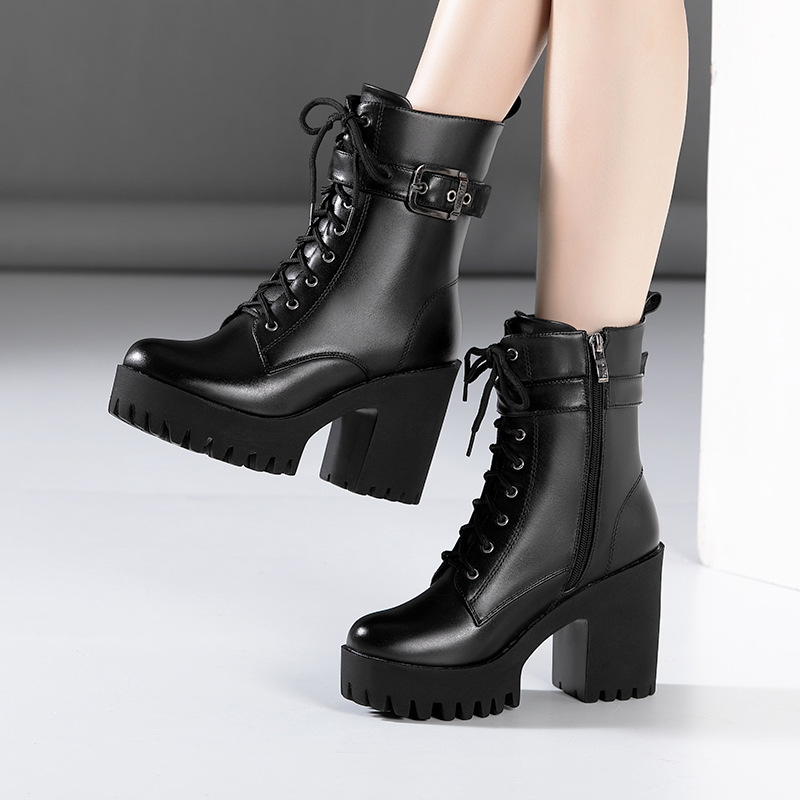 High-Heeled Boots for Women 2025 Autumn and Winter New Thick-Soled Waterproof Platform British Style Thick Heel Fleece-Lined Lace-Up Mid-Calf Boots for Women
