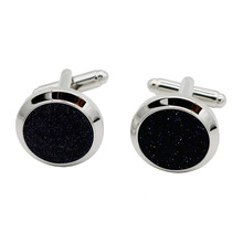 现货 镀仿白金 蓝砂星空石圆形袖扣   cufflinks