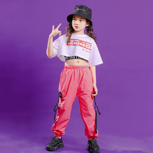 Children girls kids pink rapper jazz dance costumes children dance suit girls show waist short-sleeved summer clothing hip-hop street dance outfits
