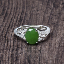 天然和田玉碧玉鍍銀鑲嵌綠寶石開口戒指女環蛋面翡翠綠玉髓色戒指