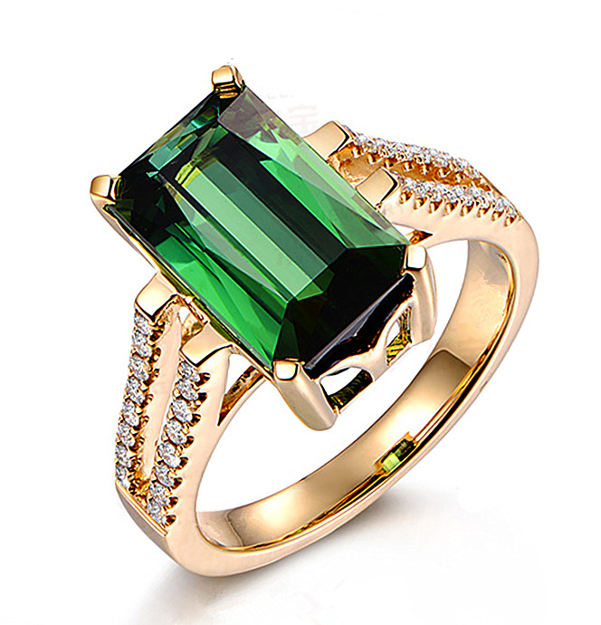Gold plated silver ring wholesale Korean version 10 carat green zircon diamond green tourmaline ring plated 18k diamond ring