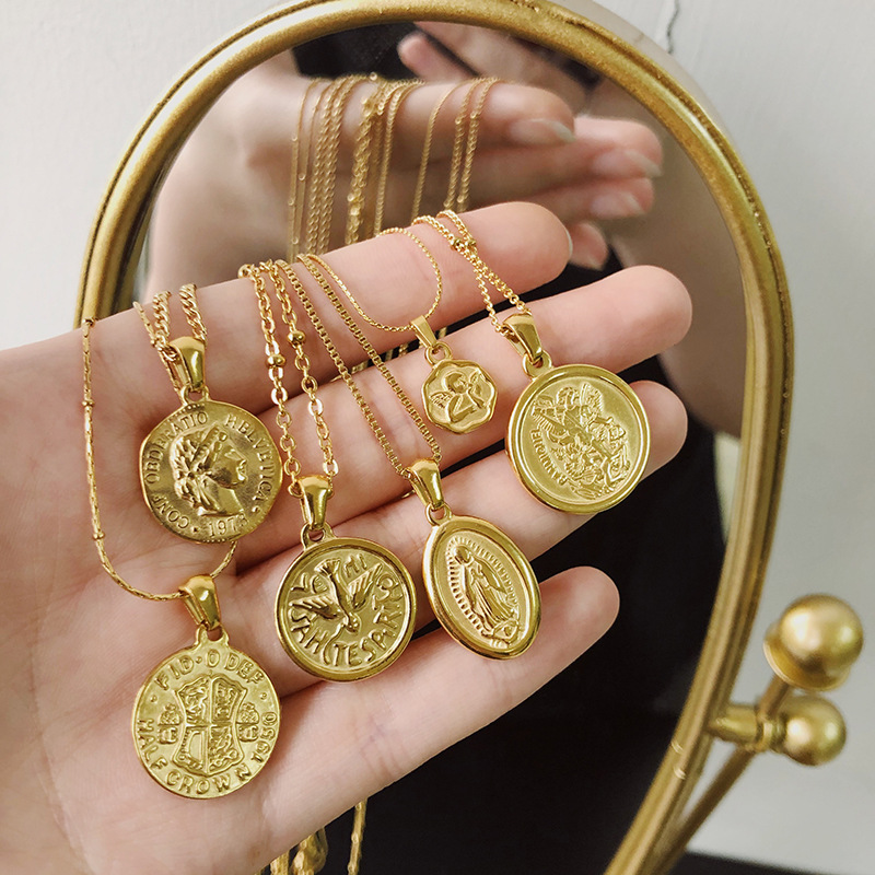 304 Stainless Steel Material Portrait, Cross, Virgin Mary, Angel, Heart Shape Pattern 1 Piece 304 Stainless Steel PVD Coated Real Gold Plated Portrait Cross Virgin Mary Polished Pendant Pendants Jewelry Accessories