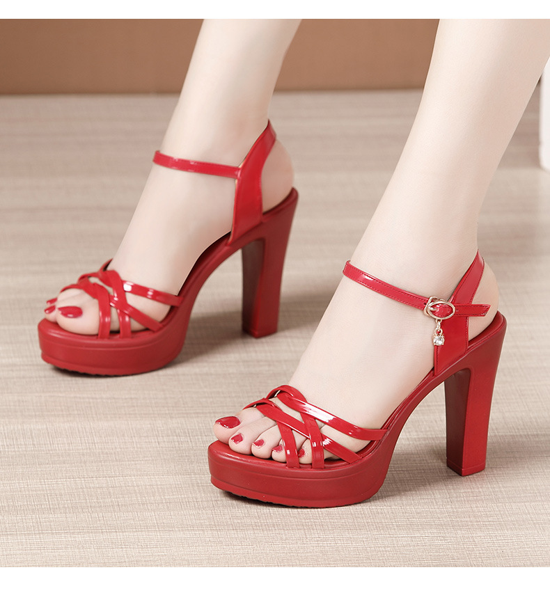 Sandal nữ quai ngang đế xuồng cao gót 10 cm mũi hở da bóng — Màu vàng kim 10cm, đen 10cm, Màu Đỏ 10cm, trắng 10cm chi tiết 13