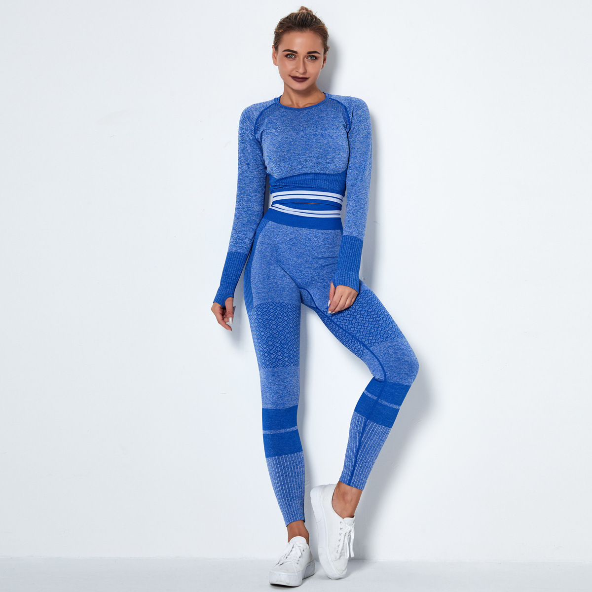 seamless knitted quick-drying long-sleeved striped two- piece fitness suit NSLX8991