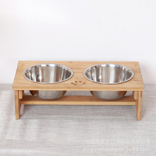 家用厨房沥水碗架 猫食粮碗架猫饭盆 时尚原木色竹制高脚支架双碗