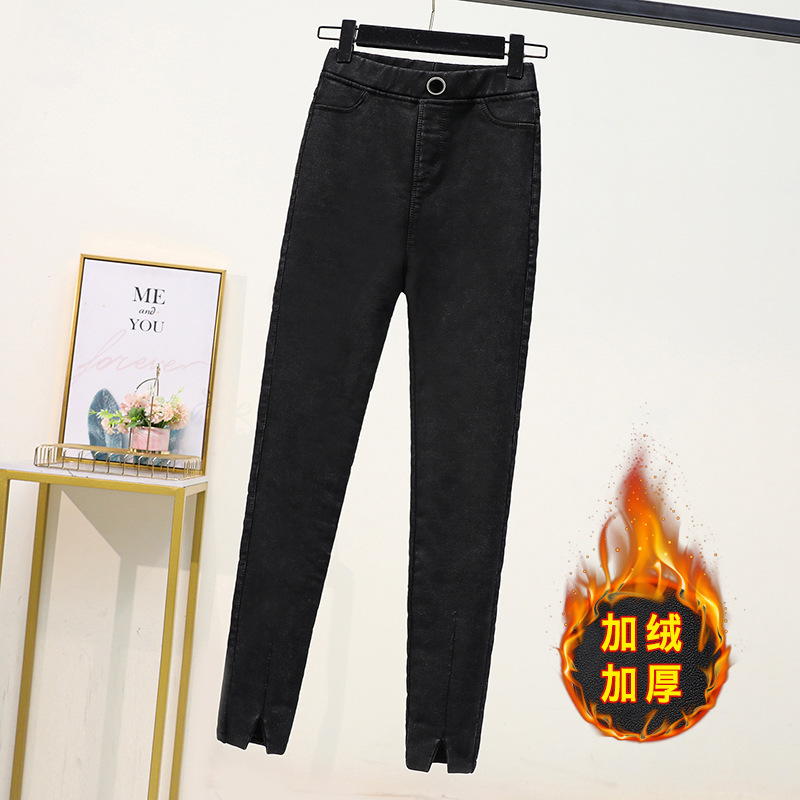 大码加绒牛仔裤女冬季高腰弹力200斤胖妹妹韩版宽松显瘦保暖长裤|ms