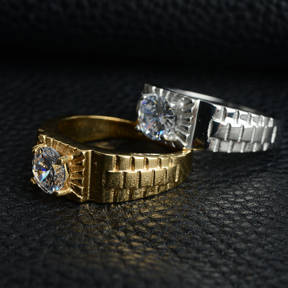 European and American jewelry wholesale stainless steel electric gold diamond men's watchband ring fashion simple titanium steel men's ring