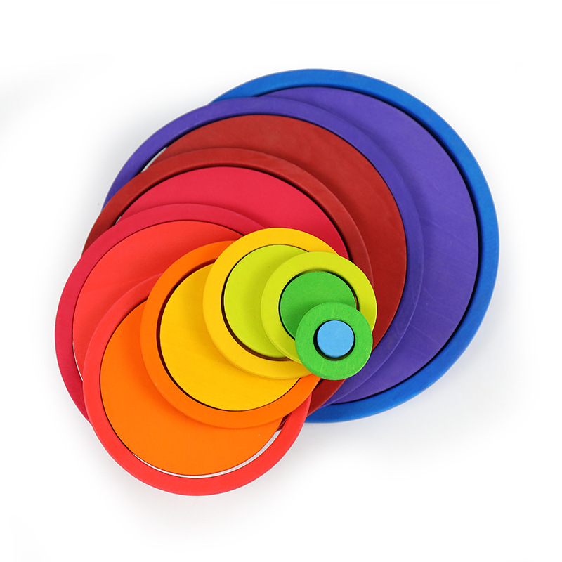 Anillo Arco Iris juguetes de madera regalo de cumpleaños para niños bloques de construcción bebé educación temprana nuevo juego de inteligencia juguetes de educación temprana