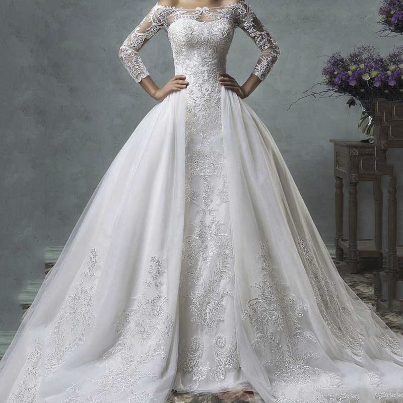 Spring 2020 European and American Foreign trade cross-border new wedding dress Amazon sexy lace off-shoulder long sleeve trailing wedding dress