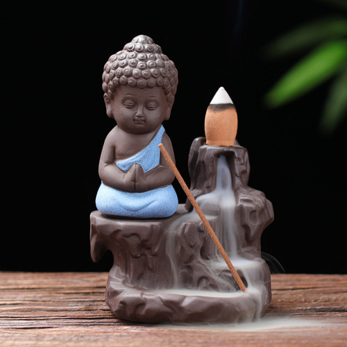 Creative backflow incense burner purple sand little monk mountain running water insert incense line incense burner ceramic incense channel home office ornaments